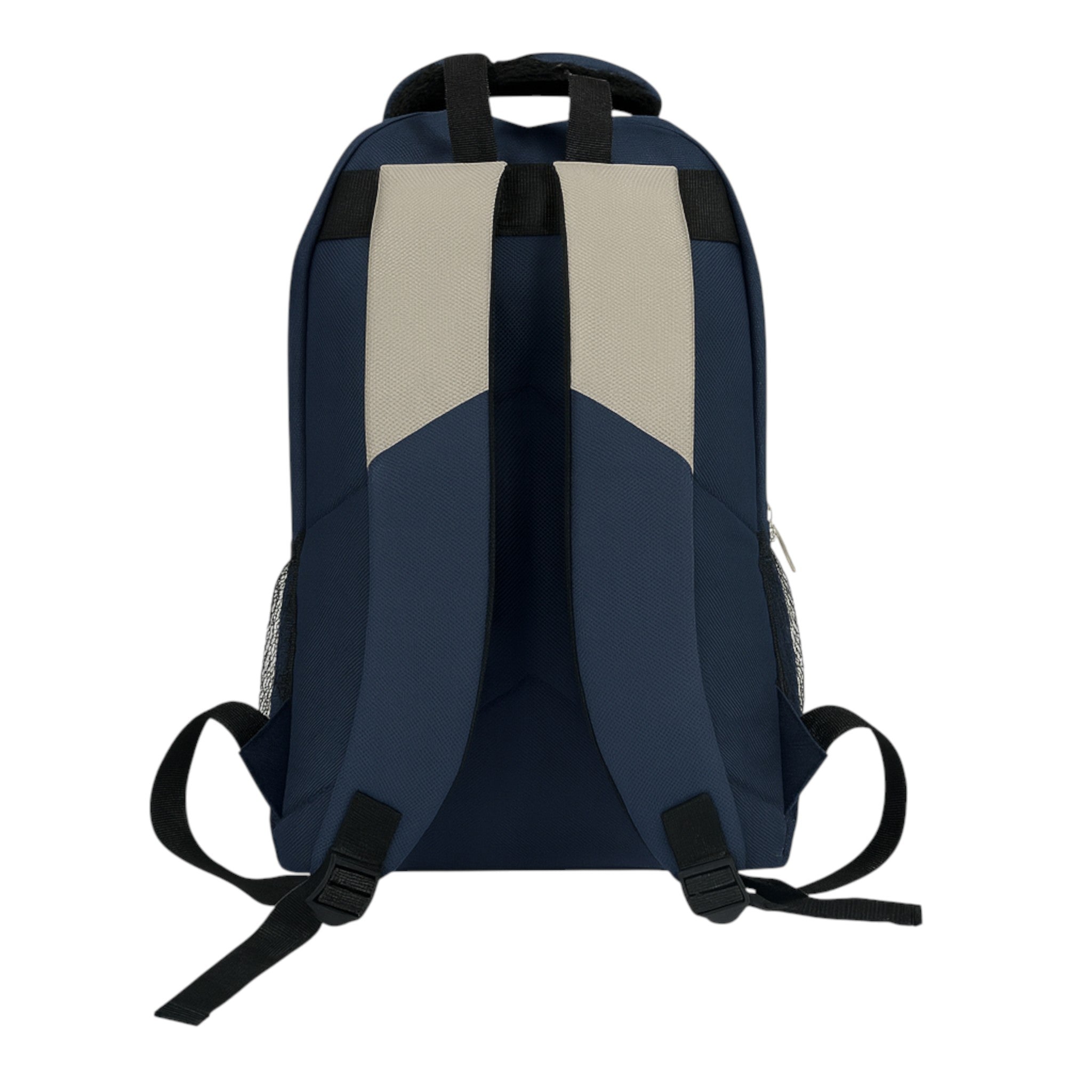 Navy and silver Everyday Challenger dual compartment backpack with padded shoulder straps, side mesh pockets, and durable water-resistant fabric – ideal for school, work, or travel.